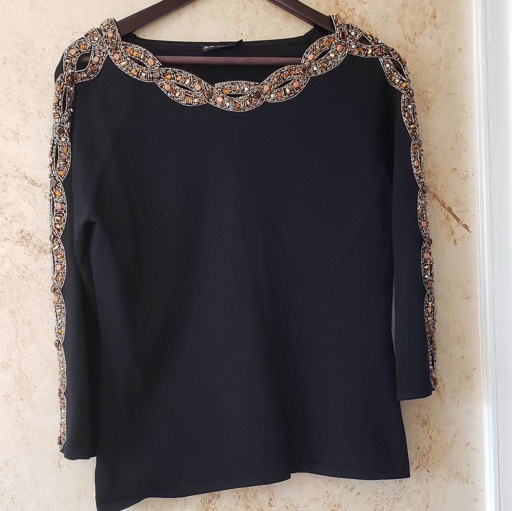 Boatneck sweater womens black w beading M